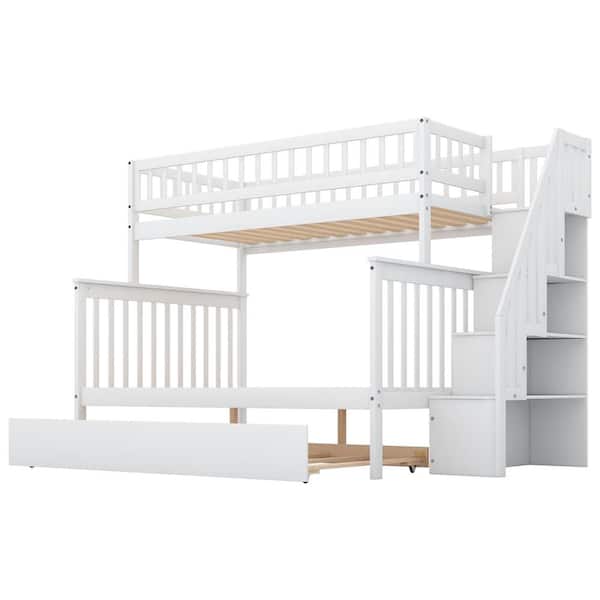 Z-joyee White Twin Over Full Bunk Bed with Trundle and Staircase Daybed
