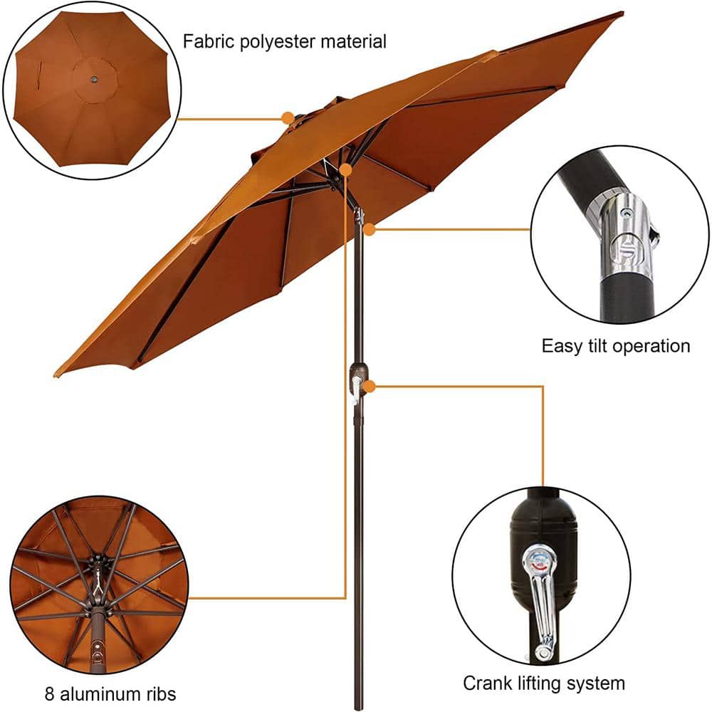 9 ft Brown Round Market Patio Umbrella with Black Aluminum Pole