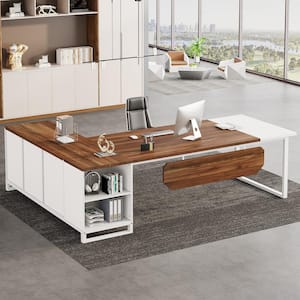 Capen 70.8 in. L Shaped Walnut Wood Executive Desk with 55" File Cabinet Modern L Shaped Computer Desk for Home Office