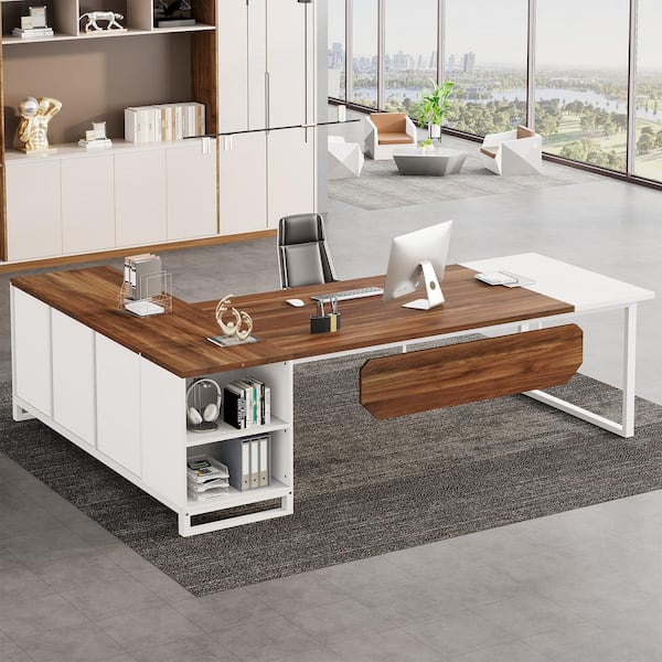BYBLIGHT Capen 70.8 in. L Shaped Walnut Wood Executive Desk with 55" File Cabinet Modern L Shaped Computer Desk for Home Office