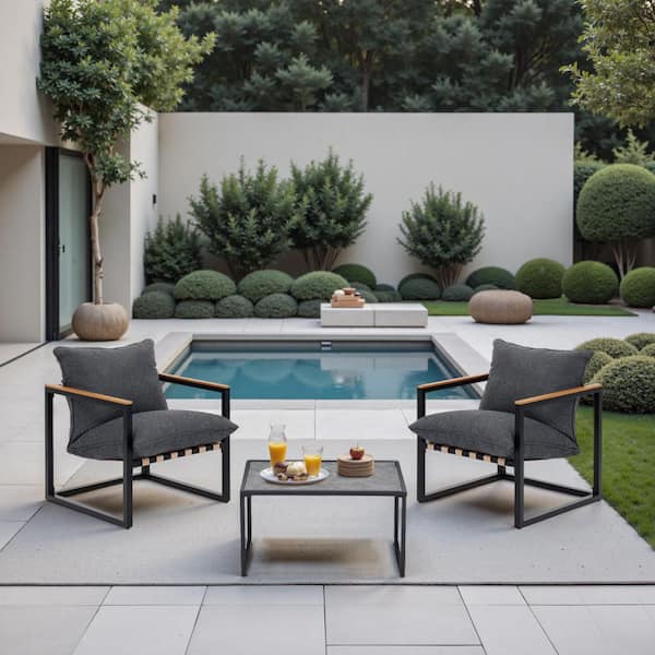 3-Piece Steel Patio Conversation Set with Gray Cushions