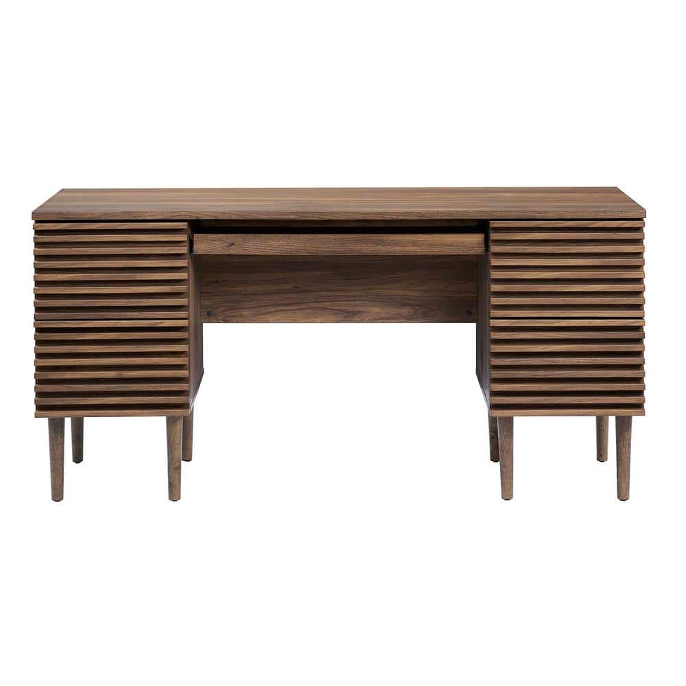 Walnut Mid-Century Modern Office Desk with Drawers and Keyboard Tray