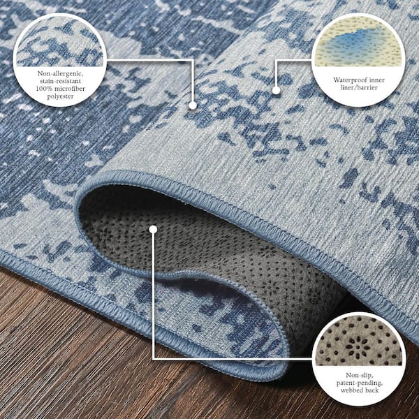 Amaya Bordered Abstract Navy/Grey Washable Rug 5 ft. x 7 ft. Area Rug