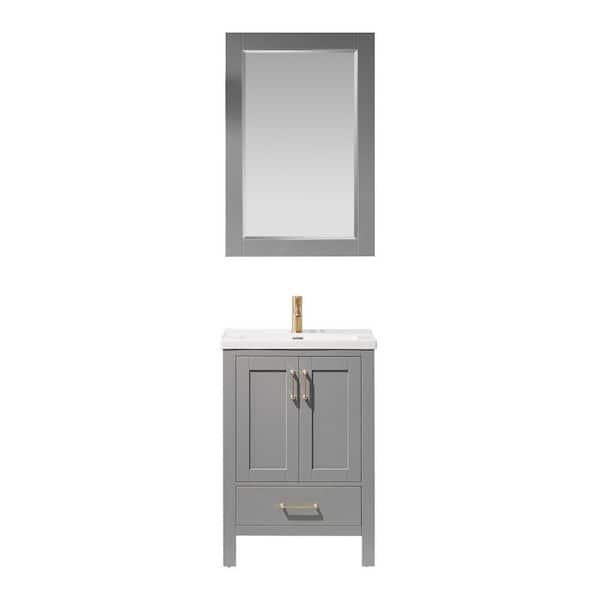 ROSWELL Gela 24 in. Bath Vanity in Grey with Ceramic Vanity Top in White with White Basin and Mirror