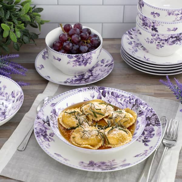 Elama Traditional Purple Rose 24-Piece Stoneware Double Bowl