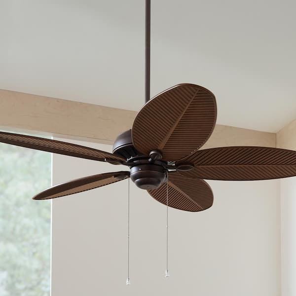 Generation Lighting - Cruise 52 in. Wet Rated Coastal Outdoor Roman Bronze Ceiling Fan with American Walnut Palm Leaf Blades and Pull Chain