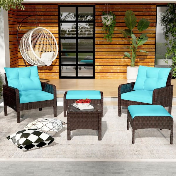5 Pieces Patio Furniture Set, PE Rattan Wicker Chairs with Ottoman and Table in Blue Cushions
