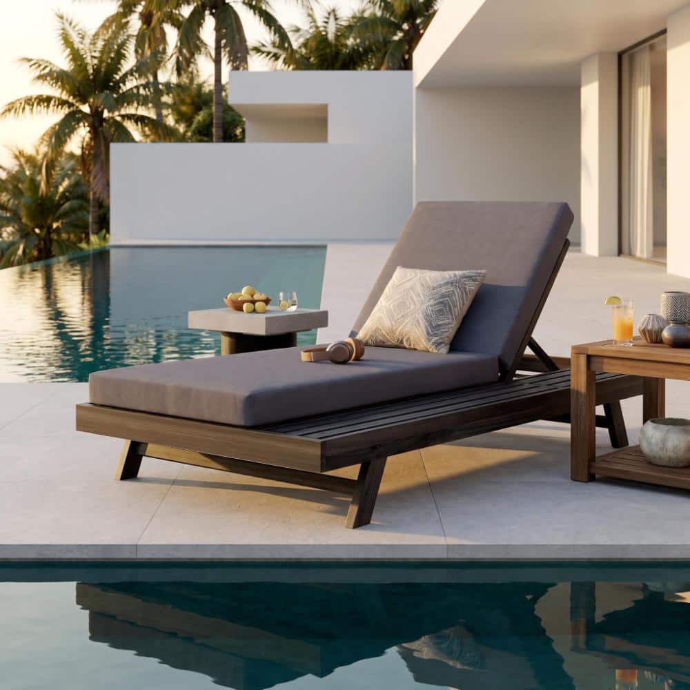 Black Acacia Wood Chaise Lounge Chairs With Dark Grey Water-Resistant Cushions