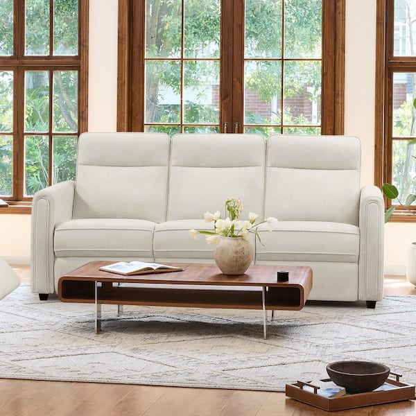 Orin 81.1 in. Zero Wall Round Arm Fabric Rectangle Recliner Sofa in Linen w/ High Back and USB and Type-C Charging Ports