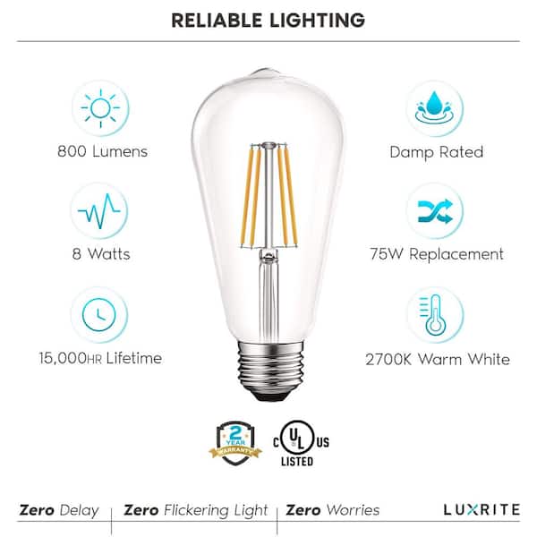 LUXRITE 75W Equivalent ST19 ST58 Dimmable Edison LED Light Bulbs 8