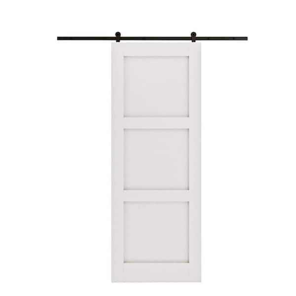 ARK DESIGN 36 in. x 80 in. Paneled 3 Lite White Primed MDF Sliding Barn Door with Hardware Kit