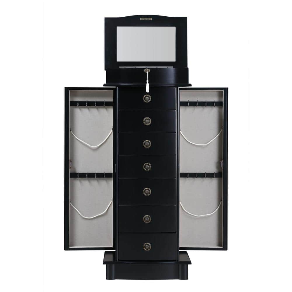 Nora Black Wood Locking 15.5 in. W. Jewelry Armoire with 7-Drawers