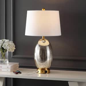 Reese 26.5 in. 1-Outlet Contemporary Style Iron/Glass LED Table Lamp with USB Charging Port, Silver/Brass Gold