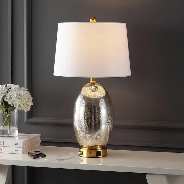 JONATHAN Y Reese 26.5 in. 1-Outlet Contemporary Style Iron/Glass LED Table Lamp with USB Charging Port, Silver/Brass Gold