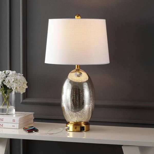 JONATHAN Y Reese 26.5 in. 1-Outlet Contemporary Style Iron/Glass LED Table Lamp with USB Charging Port, Silver/Brass Gold