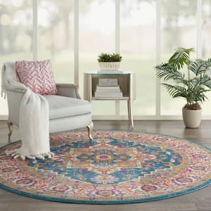 Passion Teal/Multicolor 8 ft. x 8 ft. Persian Bohemian Round Area Rug