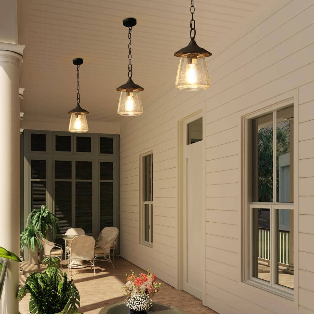 Matte Black Outdoor Pendant Light with Seeded Glass Shade