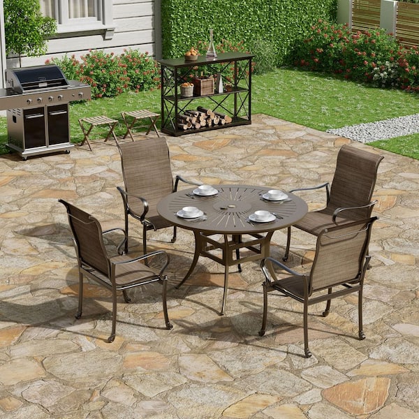5-Piece Outdoor Brown Cast Aluminum Patio Dining Set with Round Retro Table and Textilene Seat Chairs