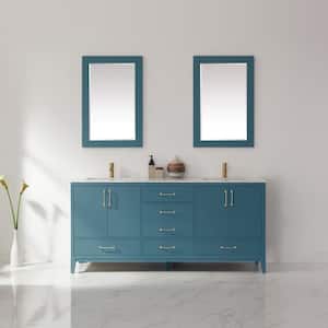 Sutton 72 in. Double Bathroom Vanity Set in Royal Green and Carrara White Marble Countertop with Mirror