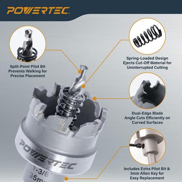 POWERTEC Carbide Tipped Hole Saw Kit, 7/8 in. 1-1/8 in. 1-3/8 in