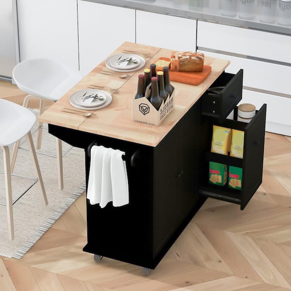 Storage Black Wood 53.94 in. Kitchen Island with Drawer in Black  
