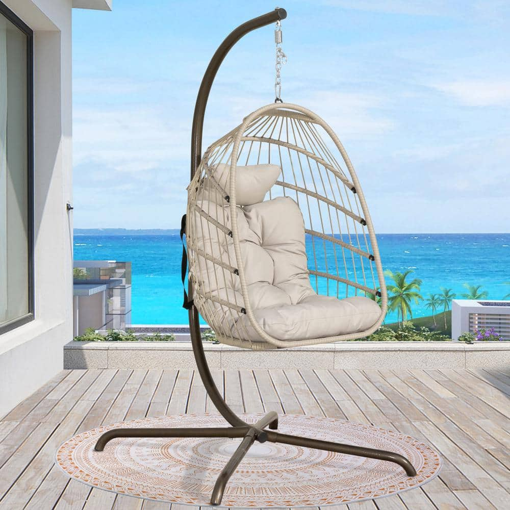 NICESOUL Foldable 350 lbs. 1-Person Wicker Porch Swing with Beige Body ...