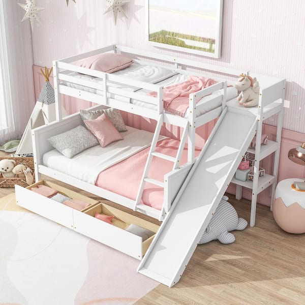 Harper & Bright Designs White Twin over Full Bunk Bed with Two Drawers, Slide and Shelves