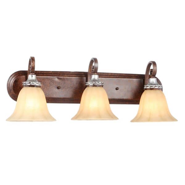 Hampton Bay 24.75 in. 3-Light Oxide Brass and Mystique Silver Traditional Bathroom Vanity Light with Frosted Glass Shades
