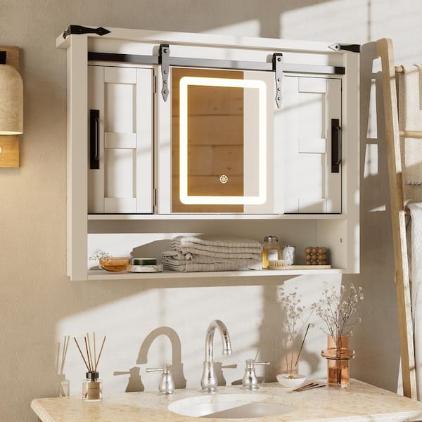 White 32 in. W Storage Cabinet with Mirror, Bathroom Wall Cabinet with LED Lights, Medicine Cabinet