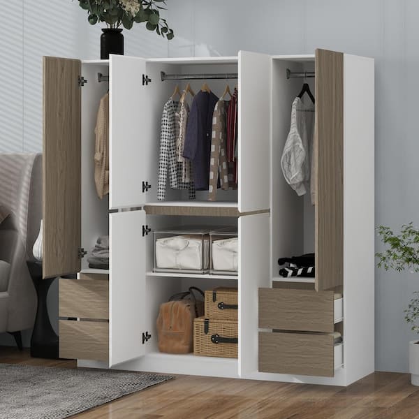 Harper & Bright Designs White and Natural 62.9 in. 6-Doors Wardrobe Armoire with Storage Drawers and Built-in Hanging Rail
