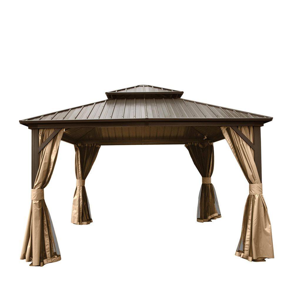 12 ft. x 12 ft. Outdoor Brown Aluminum Hardtop Gazebo with Galvanized Steel Double Roof with Curtain and Netting price history on PriceWatchPro