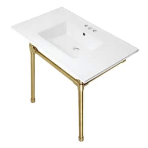 Dreyfuss Ceramic Console Sink White Basin with Stainless Steel Leg in Brushed Brass