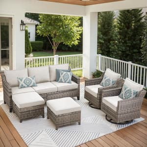 Nyajiah 5-Piece Wicker Patio Conversation Set with Beige Cushions