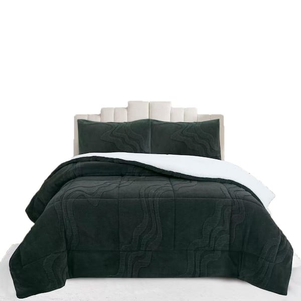 MEW 3-Pieces Forest Green Wave Jacquard King Size Polyester Sherpa Comforter Set