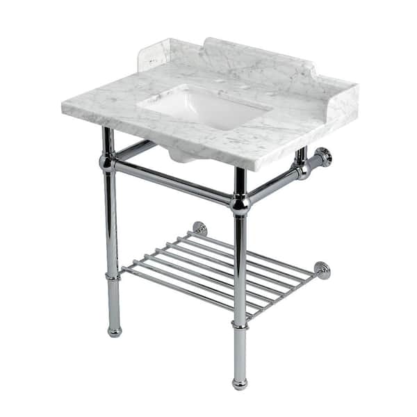 Kingston Brass Pemberton 30 in. Marble Console Sink with Brass Legs in Marble White Polished Chrome