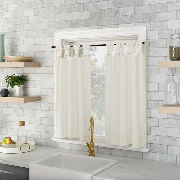Sun Zero Sarro Washed Cotton Ivory Cotton 52 in. W x 45 in. L Tab Top Light Filtering Curtain Tier Pair for Kitchens (Set of 2)