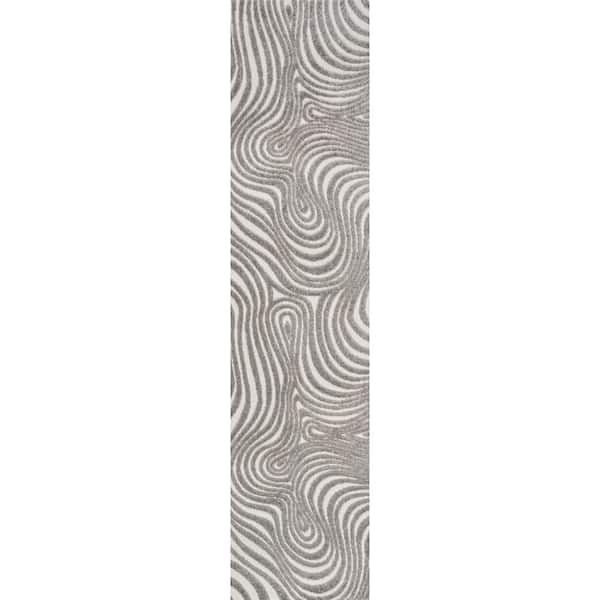 Maribo High-Low Abstract Groovy Striped Gray/Ivory 2 ft. x 8 ft. Indoor/Outdoor Runner Rug