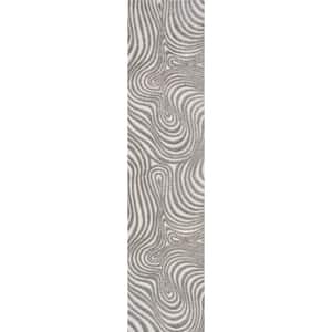 Maribo High-Low Abstract Groovy Striped Gray/Ivory 2 ft. x 8 ft. Indoor/Outdoor Runner Rug