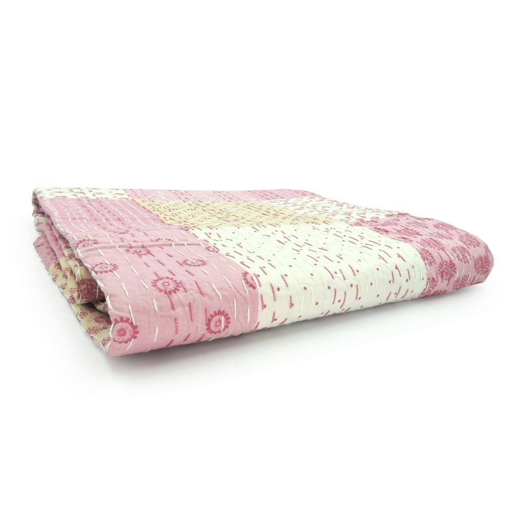 Light Pink Cotton Patchwork Kantha Throw Blanket, 50" x 70"