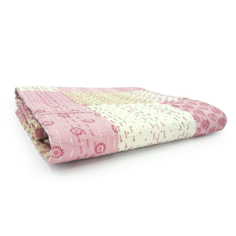 Light Pink Cotton Patchwork Kantha Throw Blanket, 50" x 70"