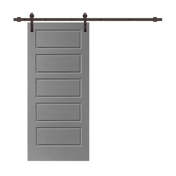 CALHOME 30 in. x 80 in. Light Gray Stained Composite MDF 5 Panel Interior Sliding Barn Door with Hardware Kit