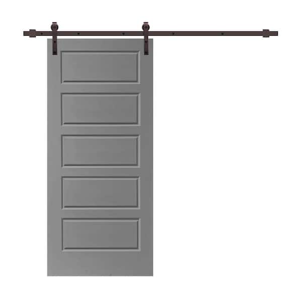 CALHOME 36 in. x 80 in. Light Gray Stained Composite MDF 5 Panel Interior Sliding Barn Door with Hardware Kit