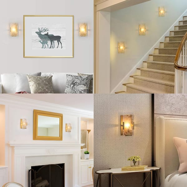 1-Light Antique Gold Leaf Wall Sconce, Rectangle Clouded Glass Bedroom Wall Light, Mid-Century Modern Light Fixture