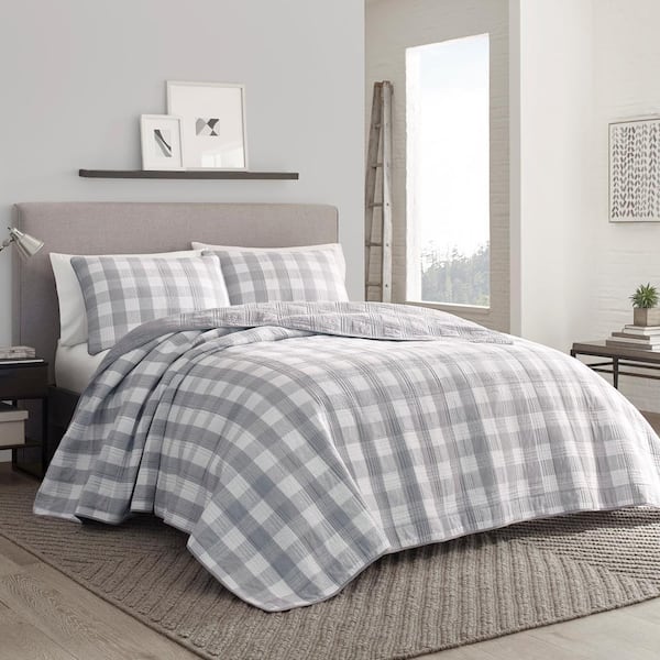 Eddie Bauer Lakehouse Plaid 3Piece Gray Cotton King Quilt