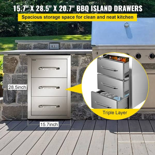 16 in. W x 28.5 in. H x 20.5 in. D Outdoor Kitchen Drawers Stainless Steel  Flush Mount Triple BBQ Access Drawers