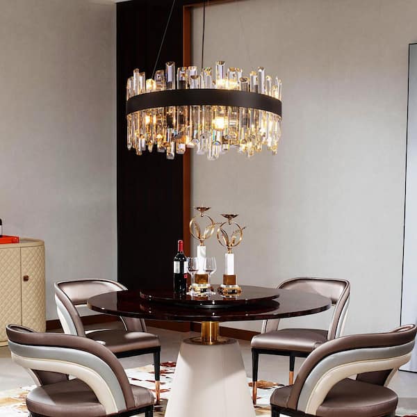 20 in. Modern 12-Light Black Crystal Chandelier Circle Round 2-Tiers Chandelier for Dining Living Room Bedroom
