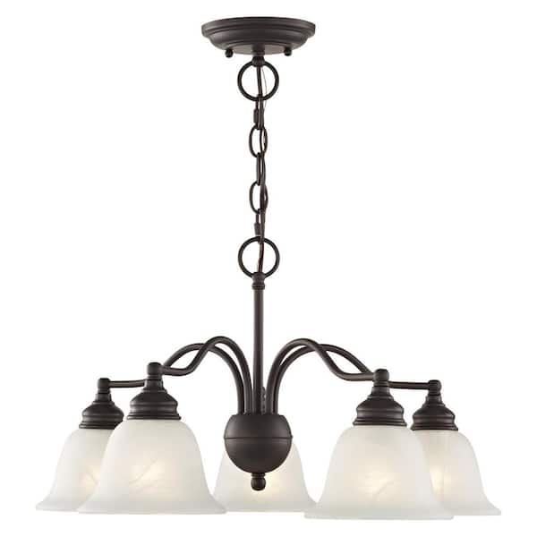 Livex Lighting Woodside 24in. 5-Light Bronze Industrial Convertible Chandelier/Semi Flush Mount w/Alabaster Glass and No Bulbs Included