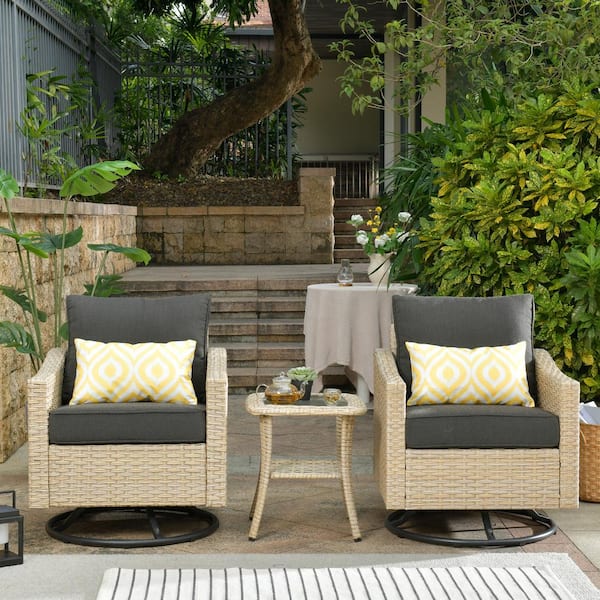 weaxty W Camelia Beige 3-Piece Wicker Patio Swivel Rocking Chairs Seating Set with Cafe Table and CushionGuard Black Cushions