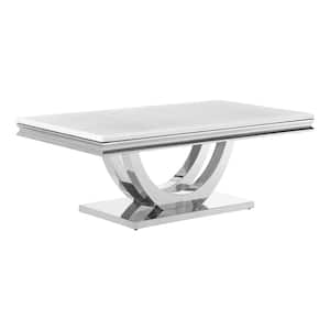 Adabella 51 in. White and Chrome U-base Rectangle Faux Marble Top Coffee Table