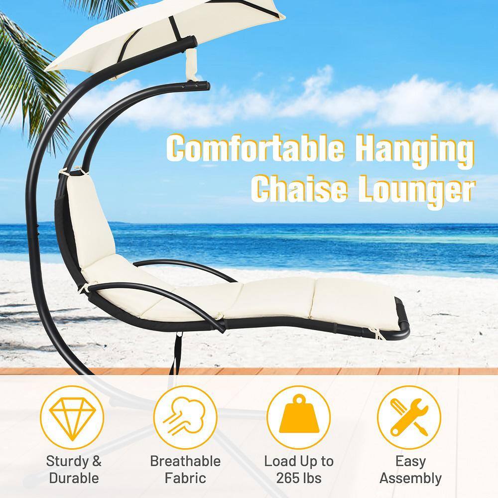 Beige Steel Hanging Chaise Lounge Chair with Cushions and Canopy
